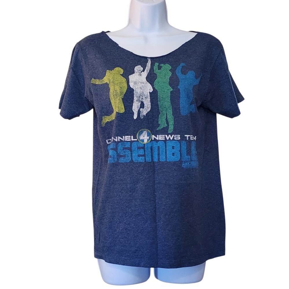 Anchorman Movie Womens Graphic Tee Size S Blue Channel 4 Team Cut Off Neck Top